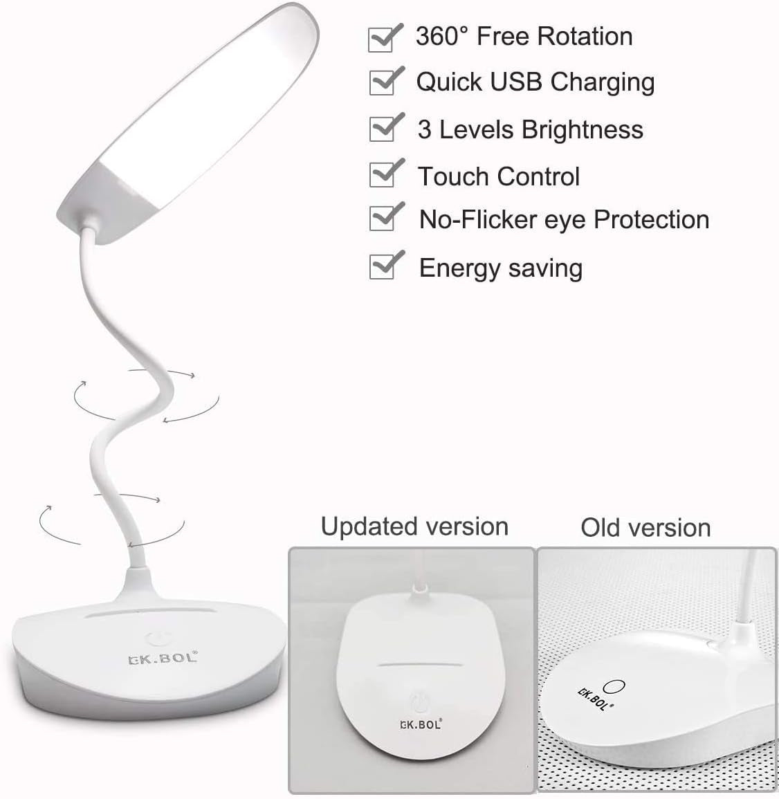 Flexible Desk Lamp Touch Dimmable Led Desk Lamp for Student Reading Bedside Night Light (Can Be Charged by Solar Panel or Android USB Cable or Power Bank) White-Single Lamp 2000Mah 5-15Hrs