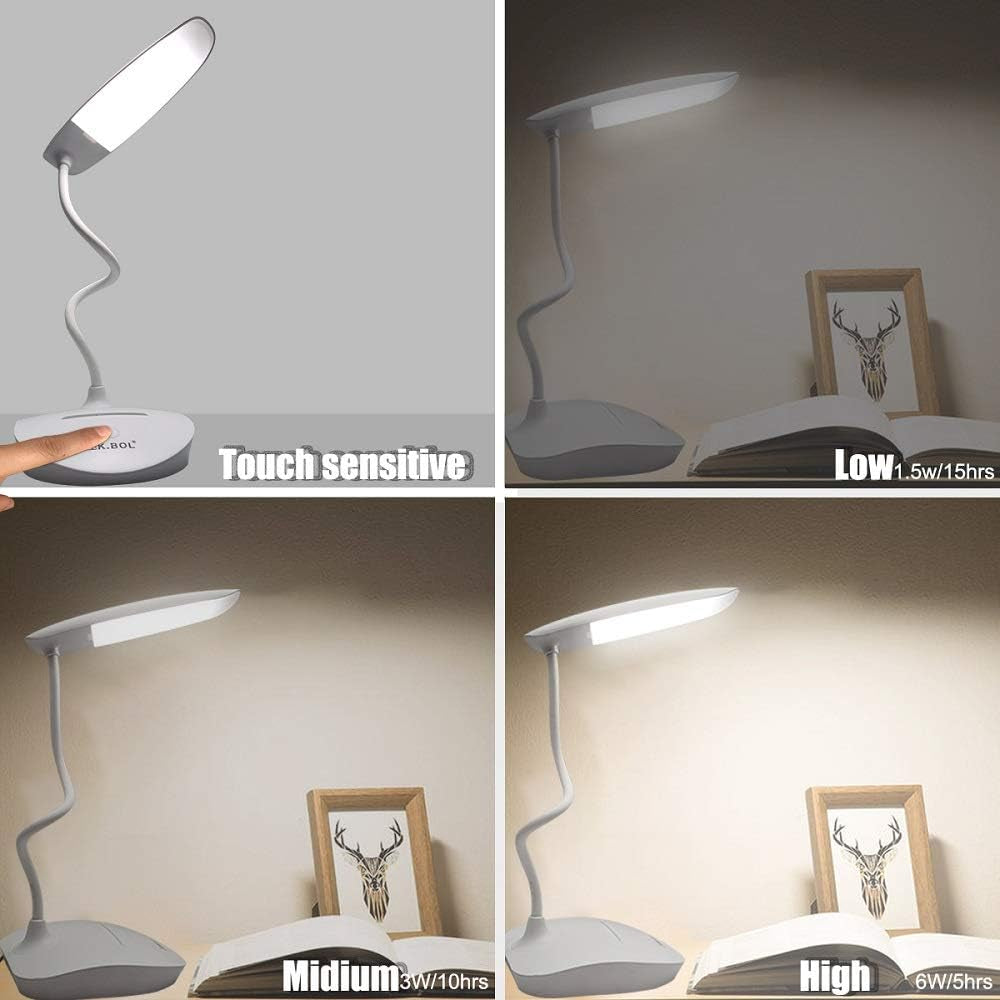 Flexible Desk Lamp Touch Dimmable Led Desk Lamp for Student Reading Bedside Night Light (Can Be Charged by Solar Panel or Android USB Cable or Power Bank) White-Single Lamp 2000Mah 5-15Hrs